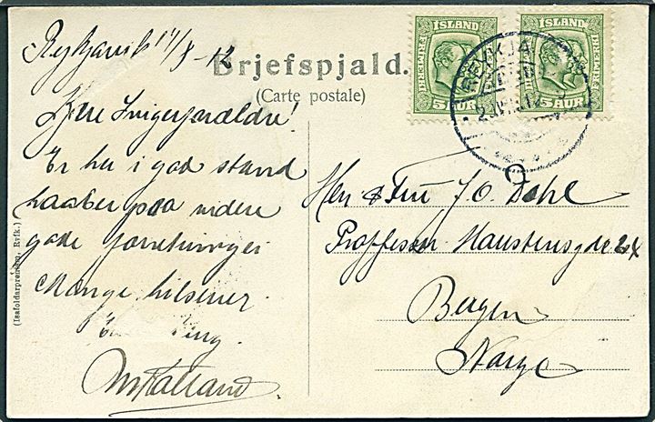 5 aur To Konger (2) på brevkort fra Reykjavik d. 2.8.1912 til Bergen, Norge.