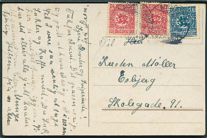 10 pfg. (2) og 20 pfg. Fælles udg. på brevkort stemplet Aggerschau (Schleswig) d. 8.5.1920 til Esbjerg, Danmark.