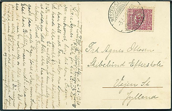 15 pfg. Fælles udg. på brevkort (Udsigt fra Louisehøi og Sandbjerg Slot set fra Alssund) annulleret Wester-Satrup (Kr. Sonderburg) d. 3.3.1920 til Vejen, Danmark.