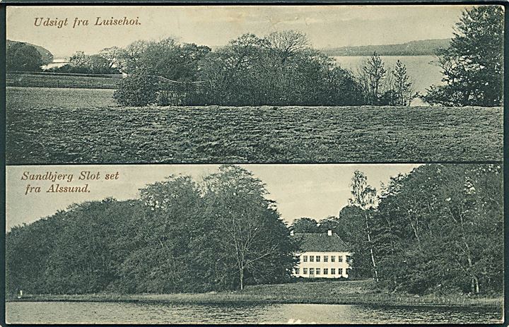 15 pfg. Fælles udg. på brevkort (Udsigt fra Louisehøi og Sandbjerg Slot set fra Alssund) annulleret Wester-Satrup (Kr. Sonderburg) d. 3.3.1920 til Vejen, Danmark.
