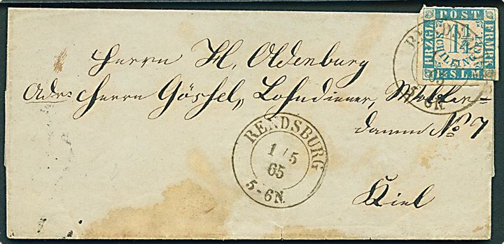 1 1/4 sch. tæt klippet på brev stemplet Rendsburg d. 1.5.1865 til Kiel.