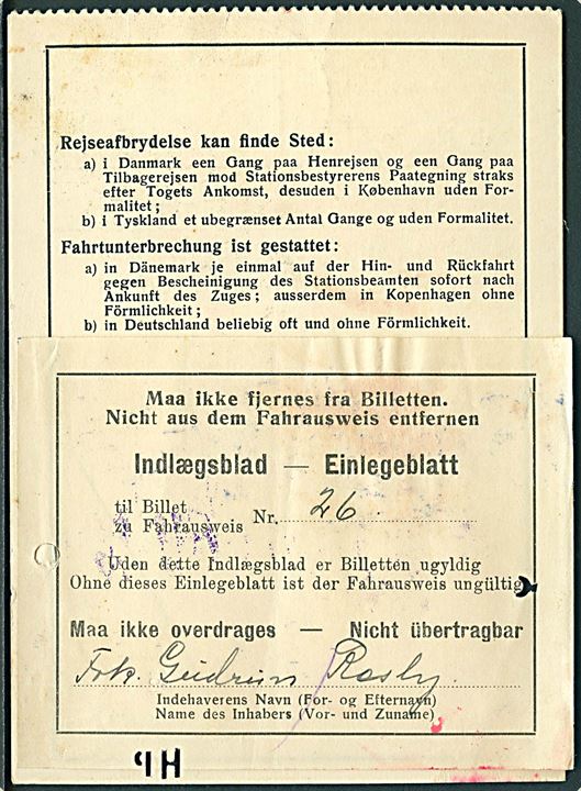 Tysk-nordisk Forbindelse jernbanebillet stemplet Esbjerg D.S.B. d. 14.4.1938 for returrejse fra Esbjerg til Hamburg.