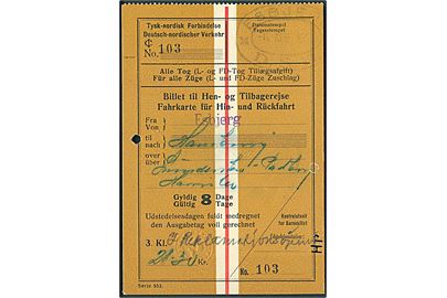 Tysk-nordisk Forbindelse jernbanebillet stemplet Esbjerg D.S.B. d. 6.4.1938 for returrejse fra Esbjerg til Hamburg.