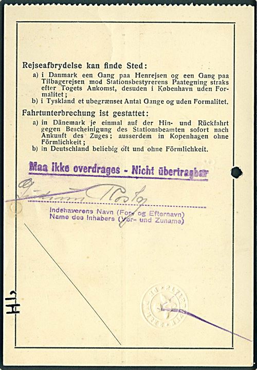Tysk-nordisk Forbindelse jernbanebillet stemplet Esbjerg D.S.B. d. 6.4.1938 for returrejse fra Esbjerg til Hamburg.
