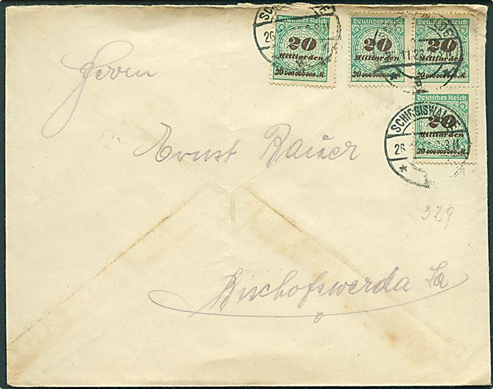 20 mia.mk. (4) på inflabrev fra Schirgiswalde d. 26.11.1923 til Bishofswerda.