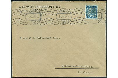 25 öre Gustaf med perfin W.S. & Co. på firmakuvert fra A.-B. Wilh. Sonesson & C:o i Malmö d. 1.4.1931 til Schwarzenberg, Tyskland.
