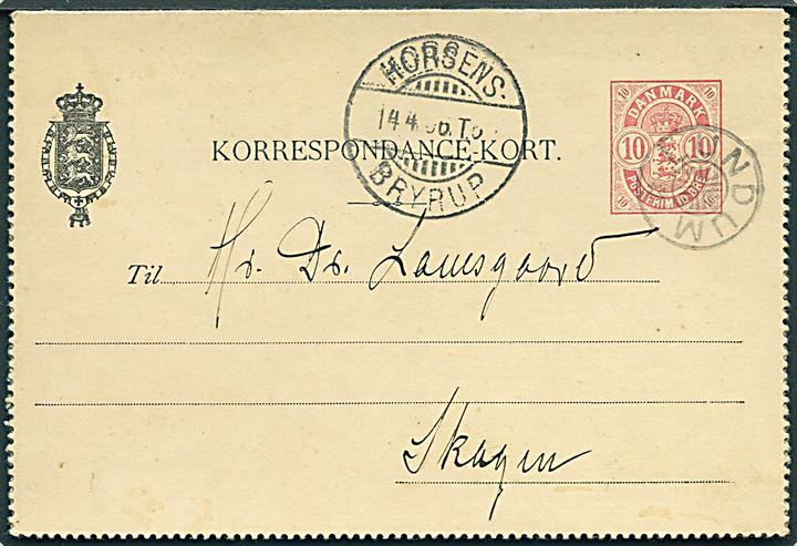 10 øre Våben helsags korrespondancekort annulleret med stjernestempel LUNDUM og sidestemplet bureau Horsens - Bryrup T.6 d. 14.4.1906 til Skagen.