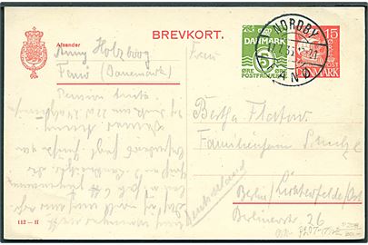 15+5 øre provisorisk helsagsbrevkort (fabr. 112-H) annulleret med brotype IIc Nordby Fanø d. 17.7.1935 til Berlinm, Tyskland.