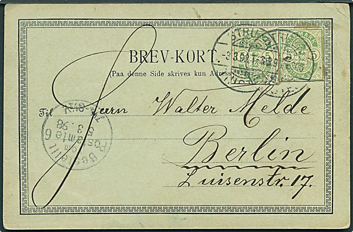 5 øre Våben helsagsafklip (2) på brevkort (Hilsen fra Kjøbenhavn) dateret Volby og annulleret med bureaustempel Struer - Thisted T.646 d. 3.3.1898 til Berlin, Tyskland.