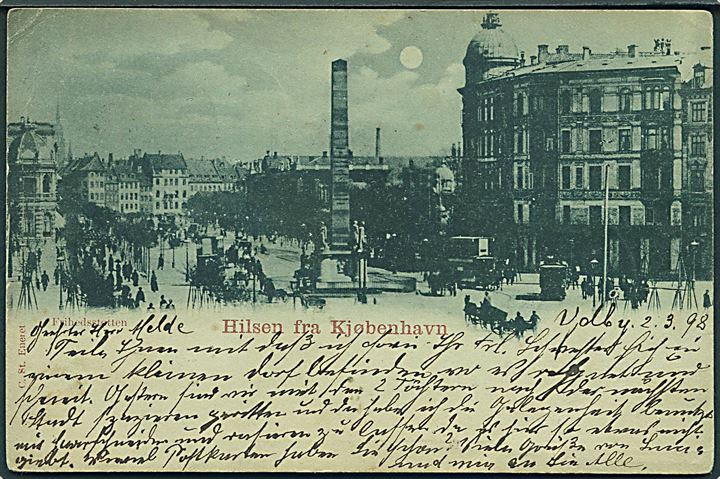 5 øre Våben helsagsafklip (2) på brevkort (Hilsen fra Kjøbenhavn) dateret Volby og annulleret med bureaustempel Struer - Thisted T.646 d. 3.3.1898 til Berlin, Tyskland.