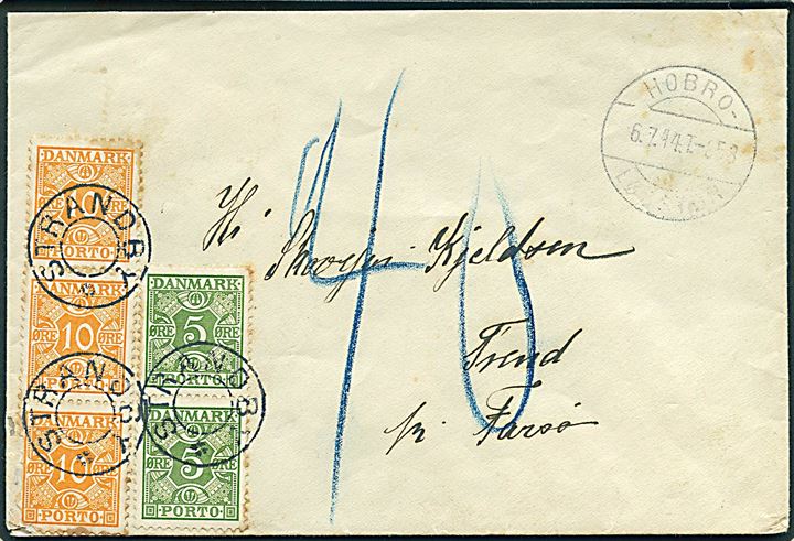 Ufrankeret brev fra Ranum med bureaustempel Hobro - Løgstor T.853 d. 6.7.1944 til Trend pr. Farsø. Udtakseret i porto med 5 øre (2) og 10 øre (3) Portomærke annulleret med udslebet stjernestempel STRANDBY.