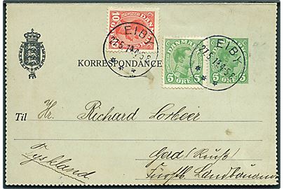 5 øre Chr. X helsags korrespondancekort opfrankeret med 5 øre og 10 øre Chr. X annulleret med brotype Eiby d. 27.5.1914 til Gerd, Tyskland.