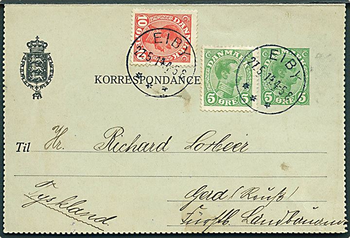 5 øre Chr. X helsags korrespondancekort opfrankeret med 5 øre og 10 øre Chr. X annulleret med brotype Eiby d. 27.5.1914 til Gerd, Tyskland.
