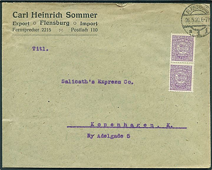 40 pfg. Fælles udg. i lodret parstykke på brev fra Flensburg d. 28.5.1920 til København, Danmark.