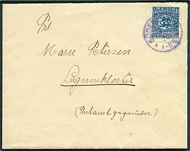 20 pfg. Fælles udg. på brev annulleret Süderlügum d. 24.4.1920 til Lügumkloster.