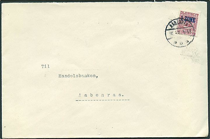 15 øre 1. Zone på lokalbrev fra Ernæringsinspektoratet i Aabenraa d. 22.6.1920. 
