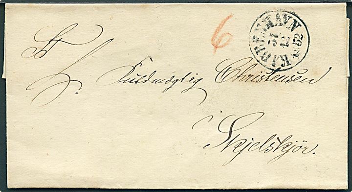 1852. Portobrev med antiqua Kjøbenhavn d. 31.12.1852 til Skjelskjör.