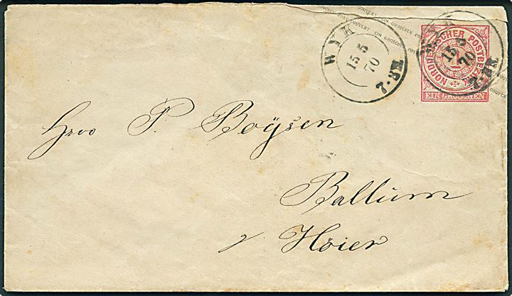 Norddeustcher Postbezirk. 1 gr. helsagskuvert stemplet Wyk d. 15.5.1870 til Ballum pr. Höier.
