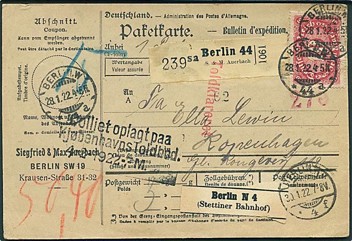 40 pfg. og 10 mk. (5) Infla udg. på for- og bagside af internationalt adressekort for pakke fra Berlin d. 28.1.1922 til København, Danmark. 