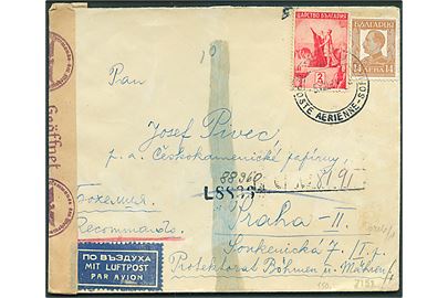 2 l. og 14 l. på anbefalet luftpostbrev fra Sofia d. 5.8.1943 til Prag, Böhmen-Mähren. Åbnet af tysk censur i Wien.