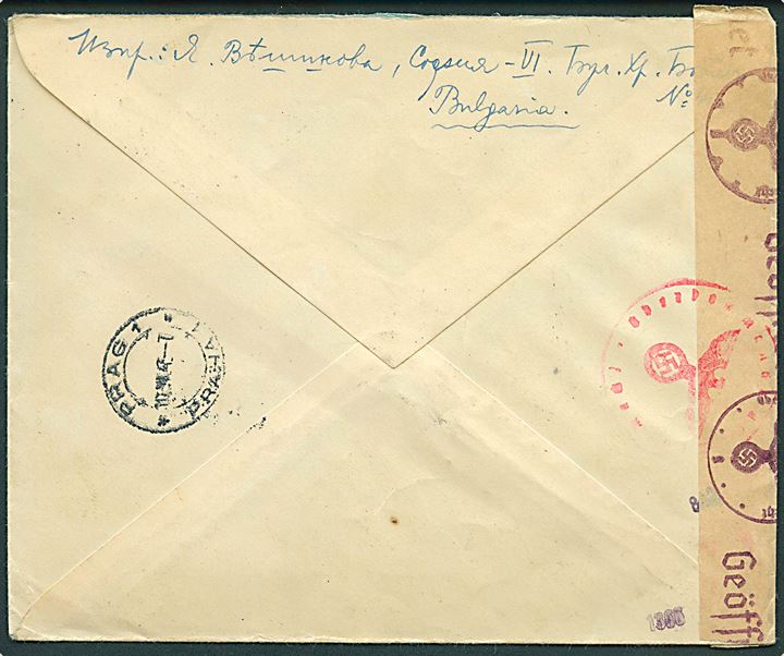 2 l. og 14 l. på anbefalet luftpostbrev fra Sofia d. 5.8.1943 til Prag, Böhmen-Mähren. Åbnet af tysk censur i Wien.