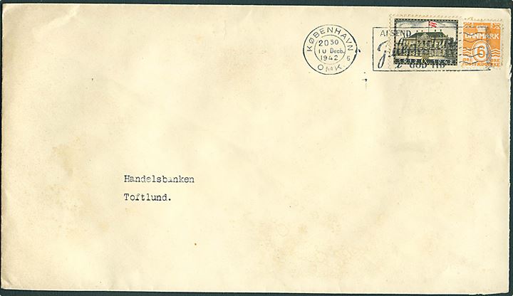 6 øre Bølgelinie og Chr. X Jubilæumsmærkat på stort fortrykt kuvert fra Regeringsjubilæumsmærket sendt som tryksag fra København d. 10.12.1942 til Toftlund.