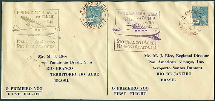 1.000 Reis (2) på fortrykt 1.-flyvningskuvert fra Manaco (Amazonas) d. 29.3.1937 til Rio Branco og retur. 