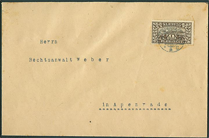 1 mk. Fælles udg. single på filatelistisk lokalbrev stemplet Apenrade d. 10.2.1920.