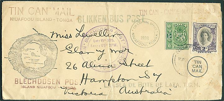 ½d og 2d på Tin Can Island Mail brev stemplet Niuafoou Tonga 11.4.1938 til Hampton, Australien. Mange forskellige stempler.