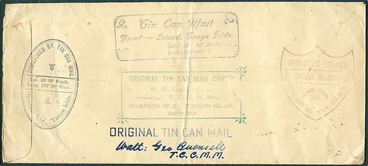 ½d og 2d på Tin Can Island Mail brev stemplet Niuafoou Tonga 11.4.1938 til Hampton, Australien. Mange forskellige stempler.
