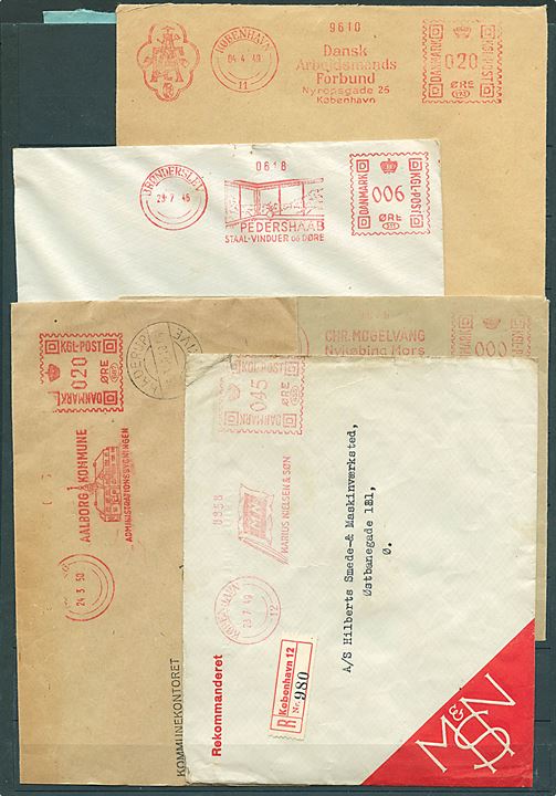 Firmafranko med diverse reklame klicheer på 10 breve 1937-1955. Bl.a. anbefalet brev, pr.-stempel Haderup pr. Skive, samt illustrerede reklamer fra Falck og Nimbus.