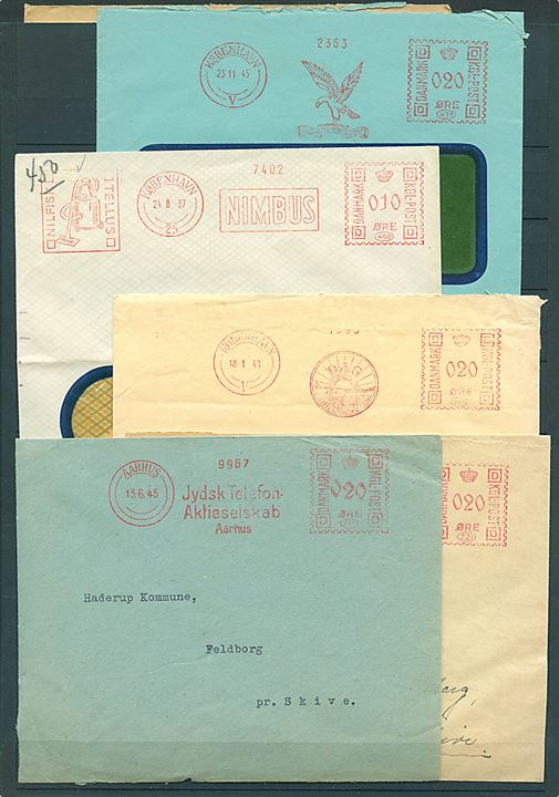 Firmafranko med diverse reklame klicheer på 10 breve 1937-1955. Bl.a. anbefalet brev, pr.-stempel Haderup pr. Skive, samt illustrerede reklamer fra Falck og Nimbus.