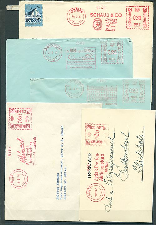 Firmafranko med diverse reklame klicheer på 10 breve 1938-1959. Bl.a. Carlsberg.