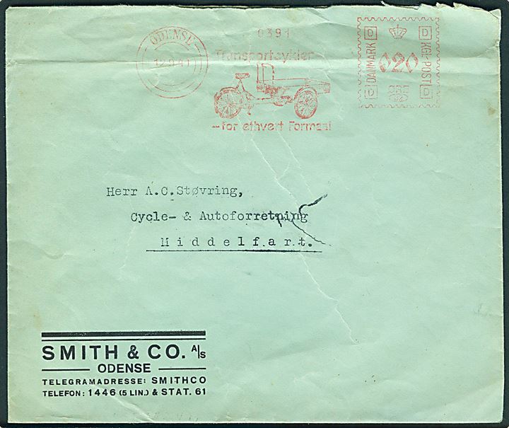 20 øre illustreret firmafranko Transportcykel - for ethvert Formaal fra Smith & Co. på brev fra Odense d. 12.9.1941 til Middelfart. 