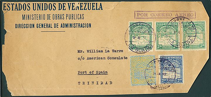 Venezuela luftpost udg. med perfin G.N. på stort brevstykke af luftpostbrev fra La Guaira d. 31.7.193? til Port of Spain, Trinidad.