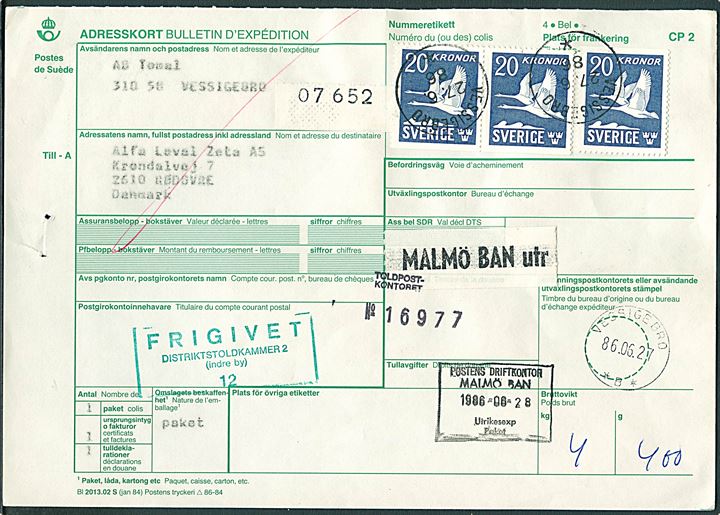 20 kr. Gæs (3) på internationalt adressekort for pakke fra Vessingebro d. 27.6.1986 til Rødovre, Danmark.