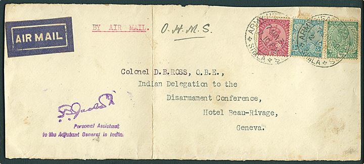 ½ a., 3 a. og 12 a. George V på FORSIDE af luftpostbrev stemplet Army Headquarters * Simla * d. 7.5.1932 til Indian Delegation to the Disarmament Conference, Geneva, Schweiz. Lodret fold.