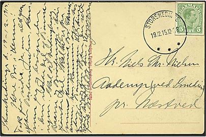 5 øre Chr. X helsagsafklip som frankering på brevkort stemplet Storehedinge d. 19.12.1915 til Næstved.