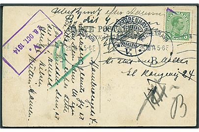 5 øre Chr. X på lokalt brevkort i Kjøbenhavn d. 25.10.1914. Ubekendt med rammestempel: V. 28. OCT. 1914.