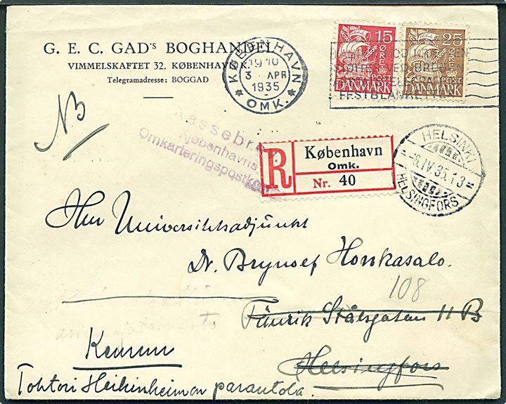 15 øre og 25 øre Karavel på anbefalet brev fra København d. 3.4.1935 til Helsingfors, Finland - eftersendt til Keuruu. Violet: Kassebrev / Kjøbenhavns Omkarteringspostkontor.