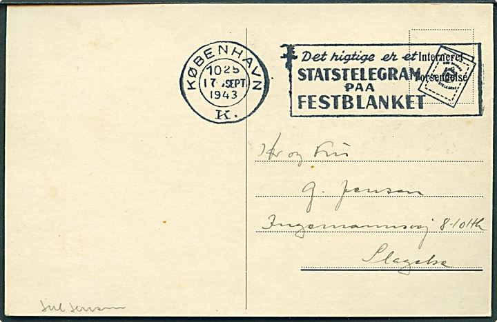 Ufrankeret fortrykt interneret brevkort fra København d. 17.9.1943 til Slagelse. Sendt fra interneret soldat ombord på logi- og stamskibet Hekla på Holmen i København.