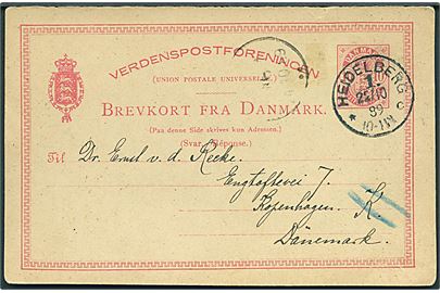 10 øre Våben svardel af dobbelt helsagsbrevkort annulleret med tysk stempel i Heidelberg d. 22.10.1889 til København, Danmark.
