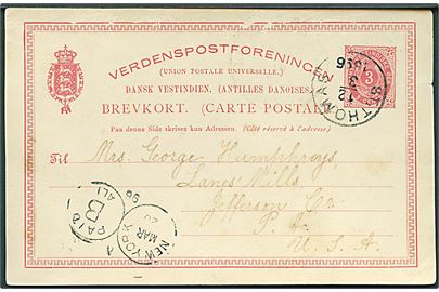 3 cents helsagsbrevkort stemplet St: Thomas d. 12.3.1896 via New York til Lanes' Mills, Jefferson Co., USA. Kortet er lidt skrammet.