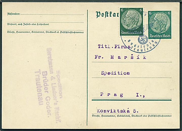6 pfg. Hindenburg helsagsbrevkort opfrankeret med 6 pfg. Hindenburg annulleret med provisorisk Sudetenland stempel i Trautenau d. 14.11.1938 til Prag.