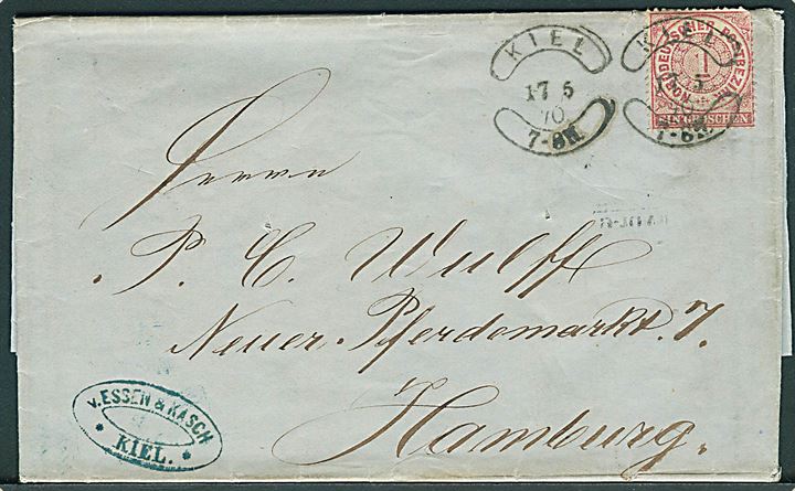 Norddeutscher Postbezirk 1 gr. på brev annulleret med Hufeisenstempel Kiel d. 17.5.1870 til Hamburg. Spalink 400 DM (1992). Tidligt stempel registreret i 1870-71.