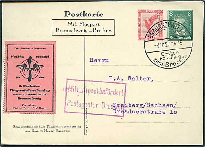 8+10 pfg. illustreret 1.-flyvnings-helsagsbrevkort Braunschweig-Brocken annulleret med særstempel i Braunschweig d. 2.10.1927 til Freiberg. Rammestempel: Mit Luftpost befördert Postagentur Brocken.