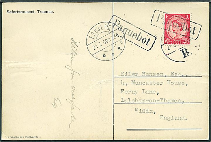 Engelsk 2½d Elizabeth på brevkort annulleret med skibsstempel Paquebot og sidestemplet Esbjerg d. 21.3.1959 til Laleham-on-Thames, England.