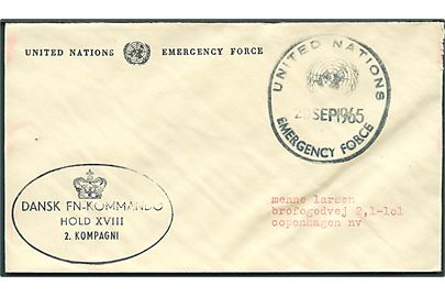 Ufrankeret fortrykt UNEF kuvert stemplet United Nations Emergency Force d. 26.9.1965 til København, Danmark. Ovalt afs-stempel: (krone)/Dansk FN-Kommando Hold XVIII / 2. kompagni.