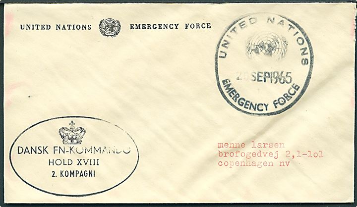Ufrankeret fortrykt UNEF kuvert stemplet United Nations Emergency Force d. 26.9.1965 til København, Danmark. Ovalt afs-stempel: (krone)/Dansk FN-Kommando Hold XVIII / 2. kompagni.