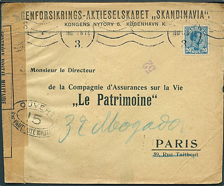 20 øre Chr. X på brev fra Kjøbenhavn d. 18.12.1917 til Paris, Frankrig. På bagsiden Julemærke 1917. Åbnet af fransk censur i Dieppe 15. Åbnet 3 sider.